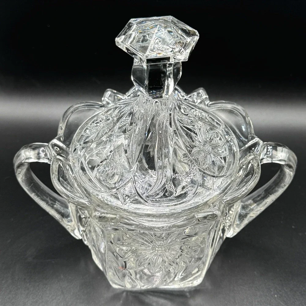 Vtg. Pressed Glass Sunflower Large Lidded Sugar Bowl Clear‎ Floral Double Handle